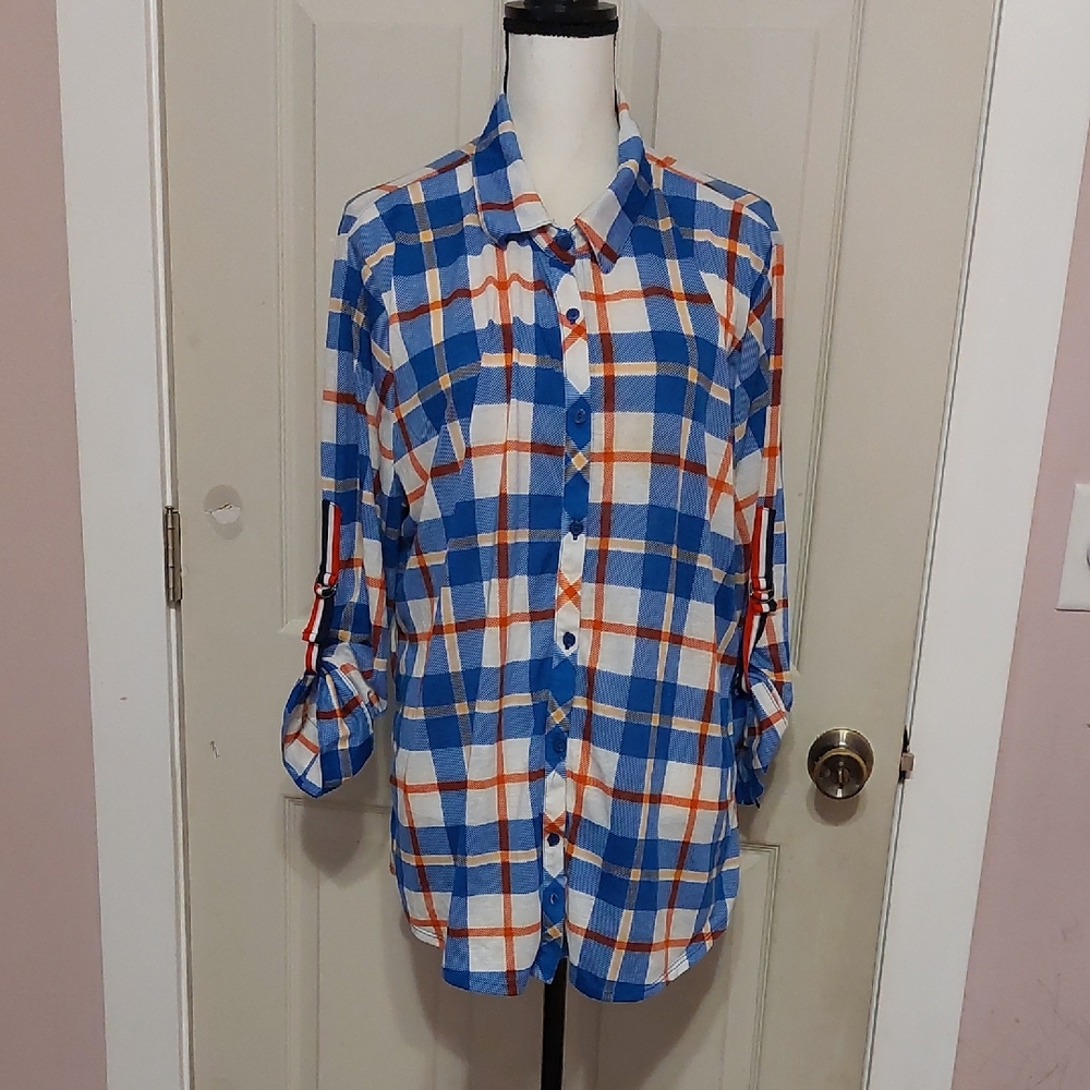 New York Laundry Women's Paid Button Down Shirt with Roll Tab Sleeves Size 2X